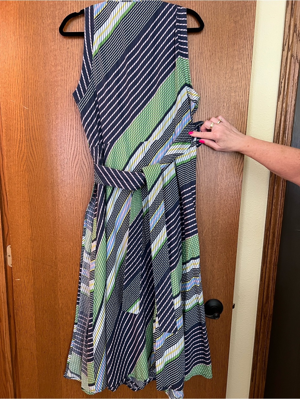 Tory Burch Sleeveless Striped Wrap-Style Midi Dress in Navy & Green - Picture 3 of 3